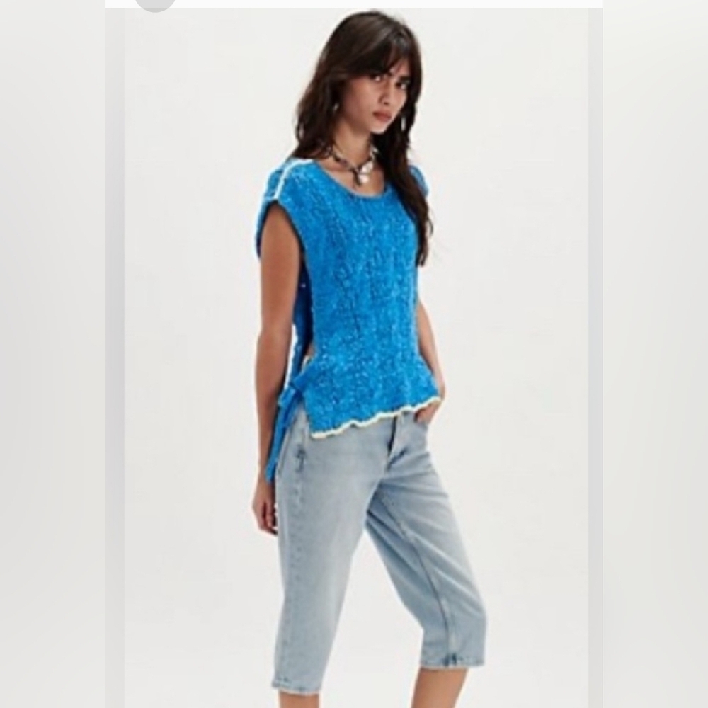 Free People Arlo Malibu Blue Sleeveless Open Sides W/ Ties & Cream Trim